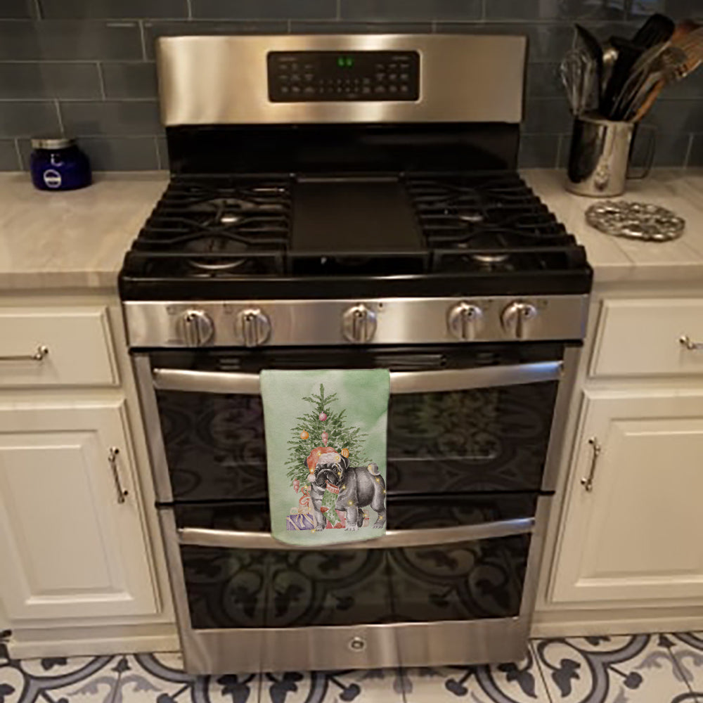 Pug Black #2 Christmas Presents and Tree Kitchen Towel Velour Plush Front and Cotton Loop Back Machine Washable