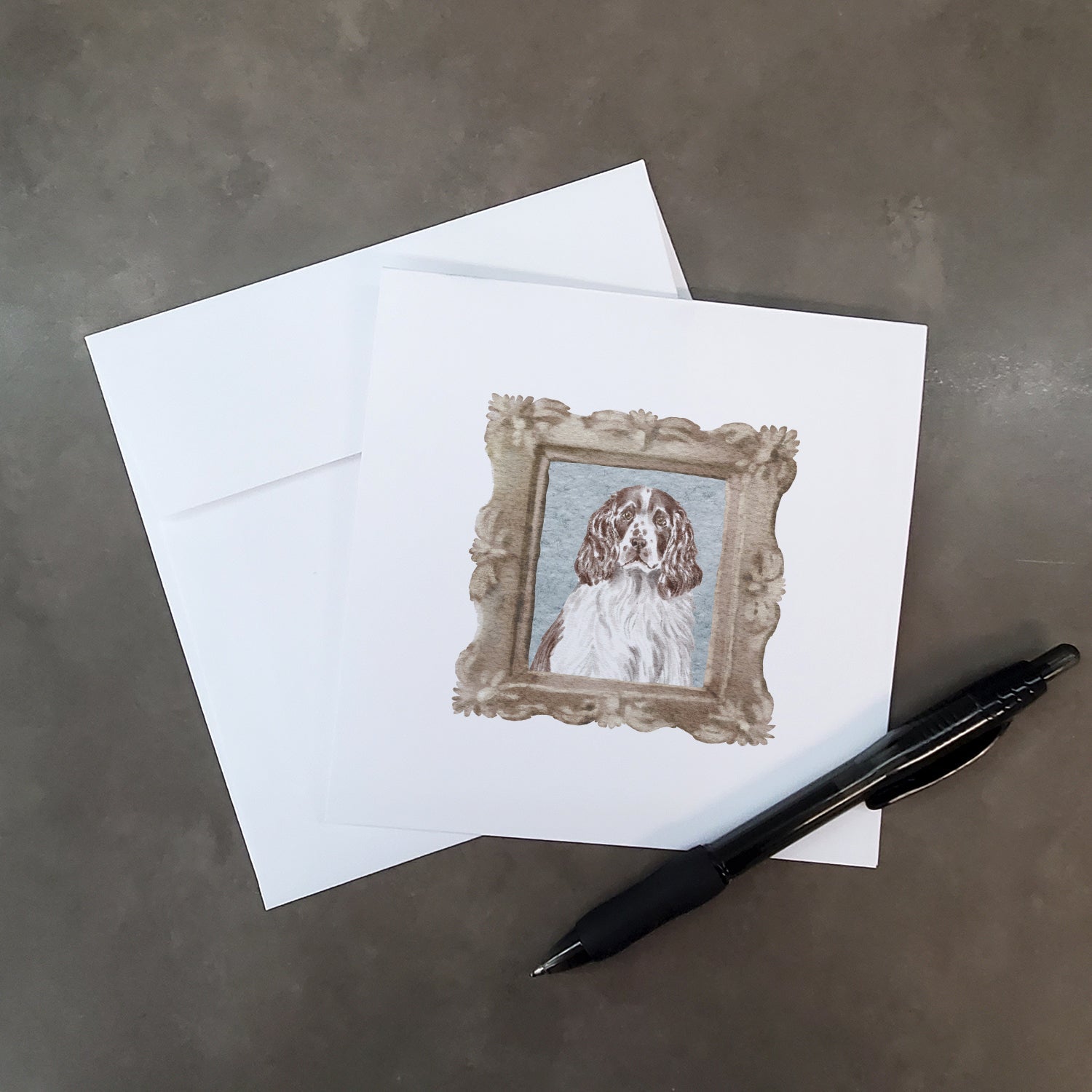 English Springer Spaniel Liver White Front View Pretty as a Picture Square Greeting Cards and Envelopes Pack of 8 Blank Cards with Envelopes Blank Thank You Note Greeting Cards Stationery