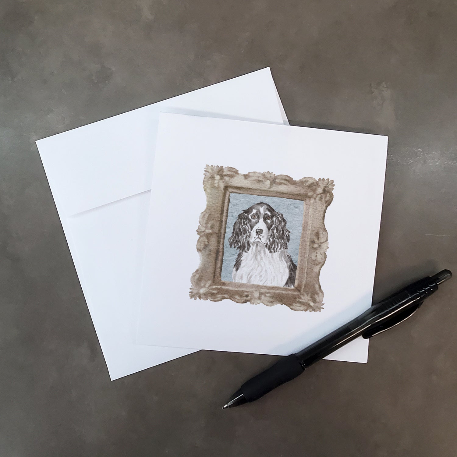 English Springer Spaniel Black White Front View Pretty as a Picture Square Greeting Cards and Envelopes Pack of 8 Blank Cards with Envelopes Blank Thank You Note Greeting Cards Stationery