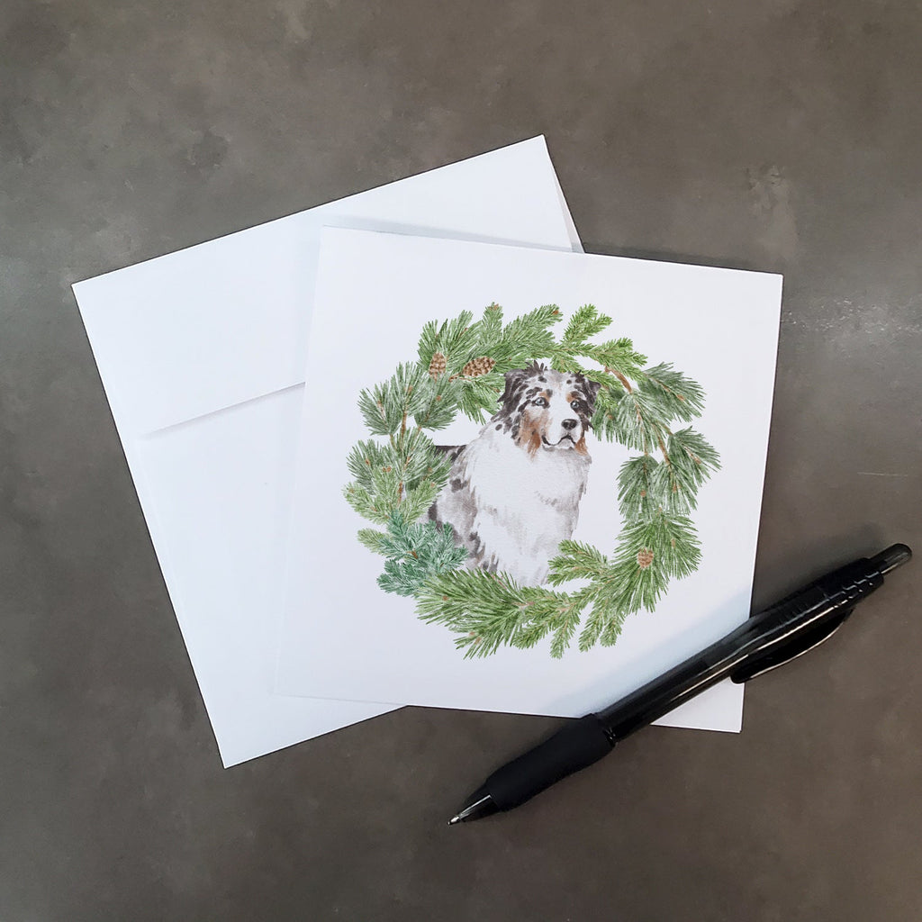 Australian Shepherd Blue Merle Longhaired Christmas Wreath Square Greeting Cards and Envelopes Pack of 8 Blank Cards with Envelopes Blank Thank You Note Greeting Cards Stationery