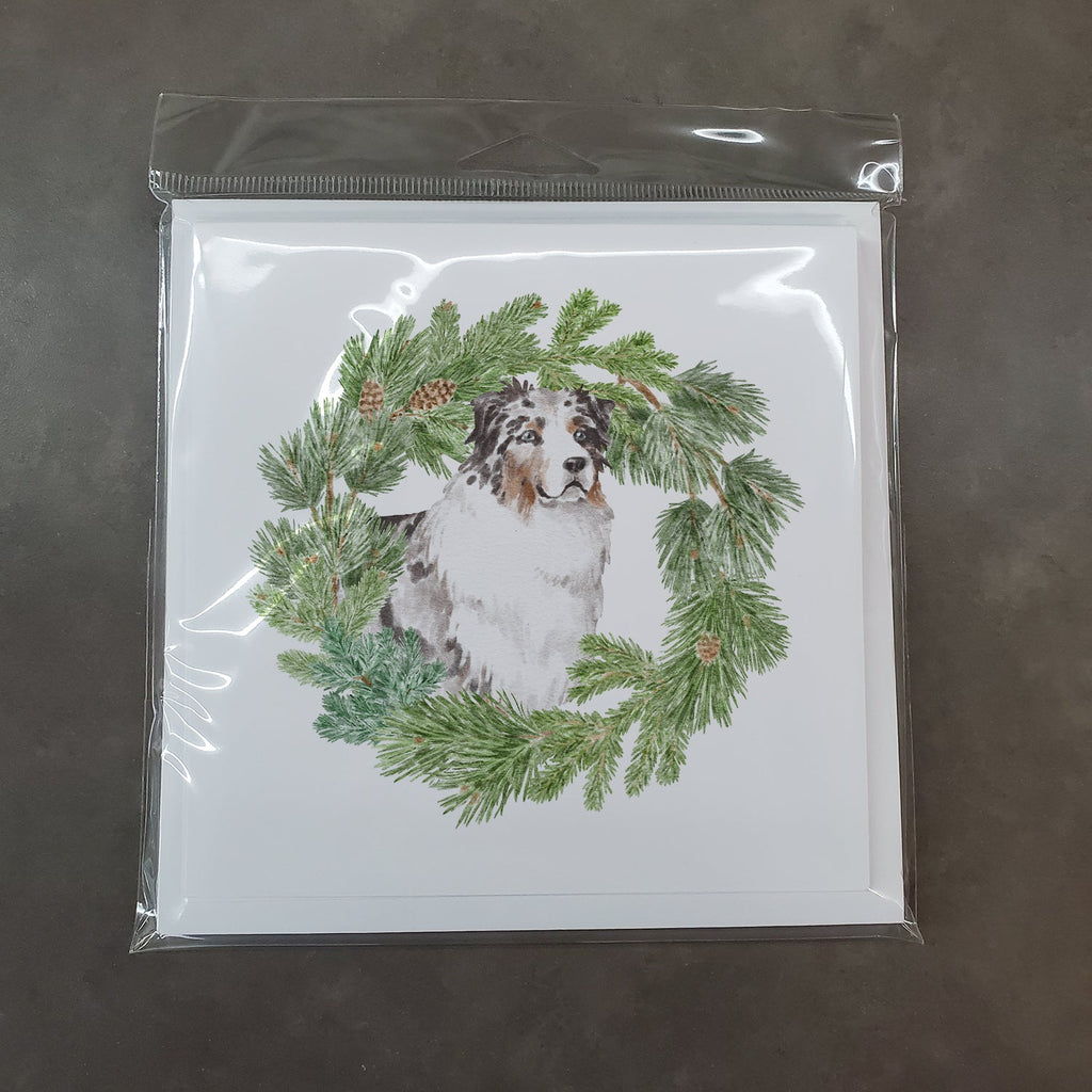 Australian Shepherd Blue Merle Longhaired Christmas Wreath Square Greeting Cards and Envelopes Pack of 8 Blank Cards with Envelopes Blank Thank You Note Greeting Cards Stationery