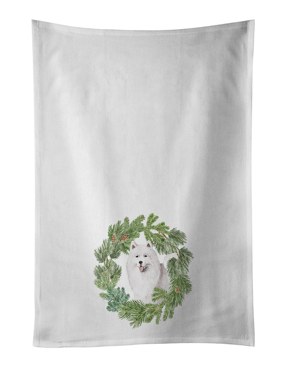 Samoyed Smiling Christmas Wreath Kitchen Towel Set of 2 White Dish Towels Decorative Bathroom Hand towel for Hand, Face, Hair, Yoga, Tea, Dishcloth, 19 X 28", White