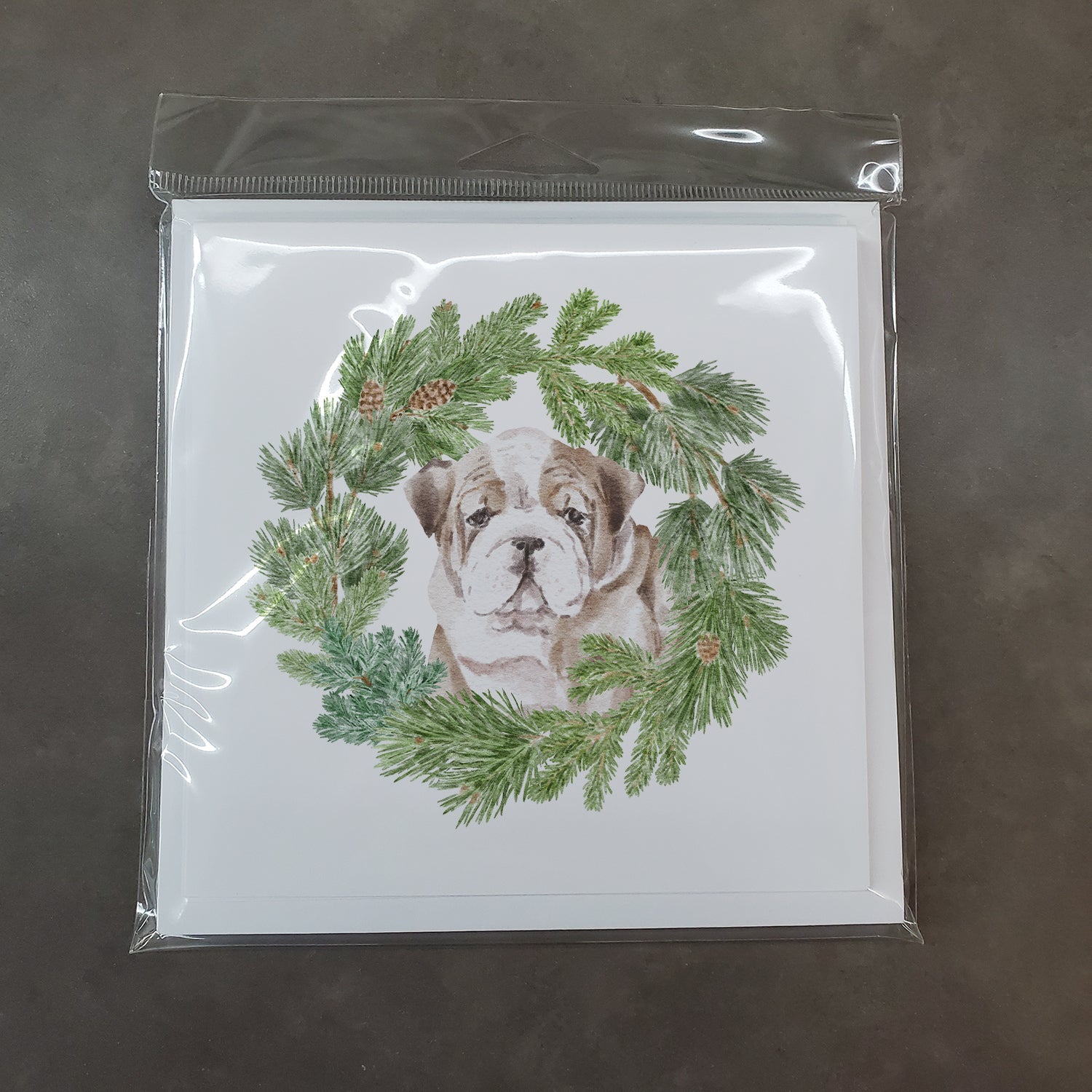 Bulldog Puppy Fawn Brindle Christmas Wreath Square Greeting Cards and Envelopes Pack of 8 Blank Cards with Envelopes Blank Thank You Note Greeting Cards Stationery