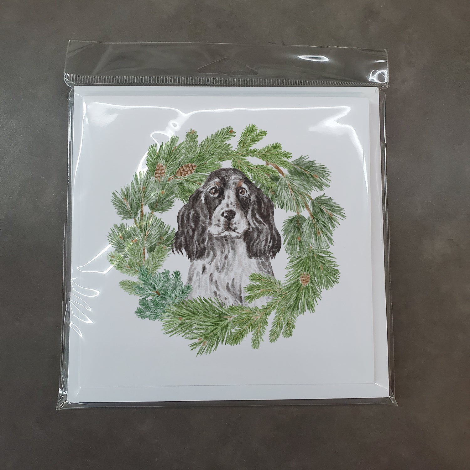 Cocker Spaniel Black and White Ticked Christmas Wreath Square Greeting Cards and Envelopes Pack of 8 Blank Cards with Envelopes Blank Thank You Note Greeting Cards Stationery