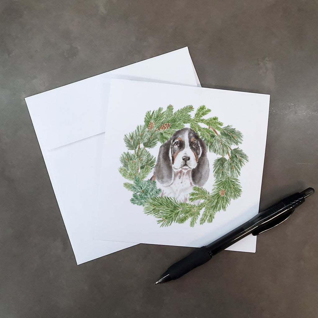 Basset Hound Puppy Tricolor Christmas Wreath Square Greeting Cards and Envelopes Pack of 8 Blank Cards with Envelopes Blank Thank You Note Greeting Cards Stationery