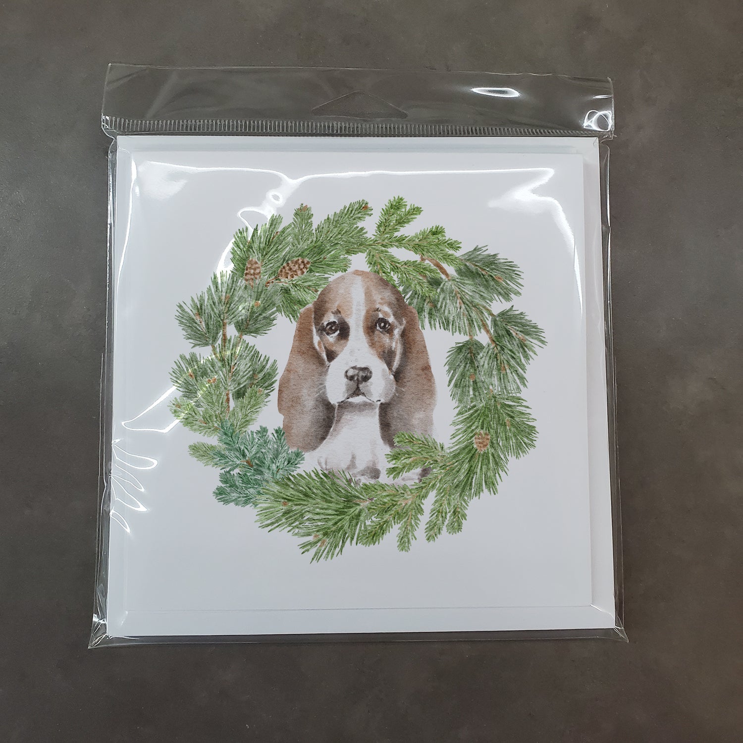 Basset Hound Puppy Brown White and Black Christmas Wreath Square Greeting Cards and Envelopes Pack of 8 Blank Cards with Envelopes Blank Thank You Note Greeting Cards Stationery