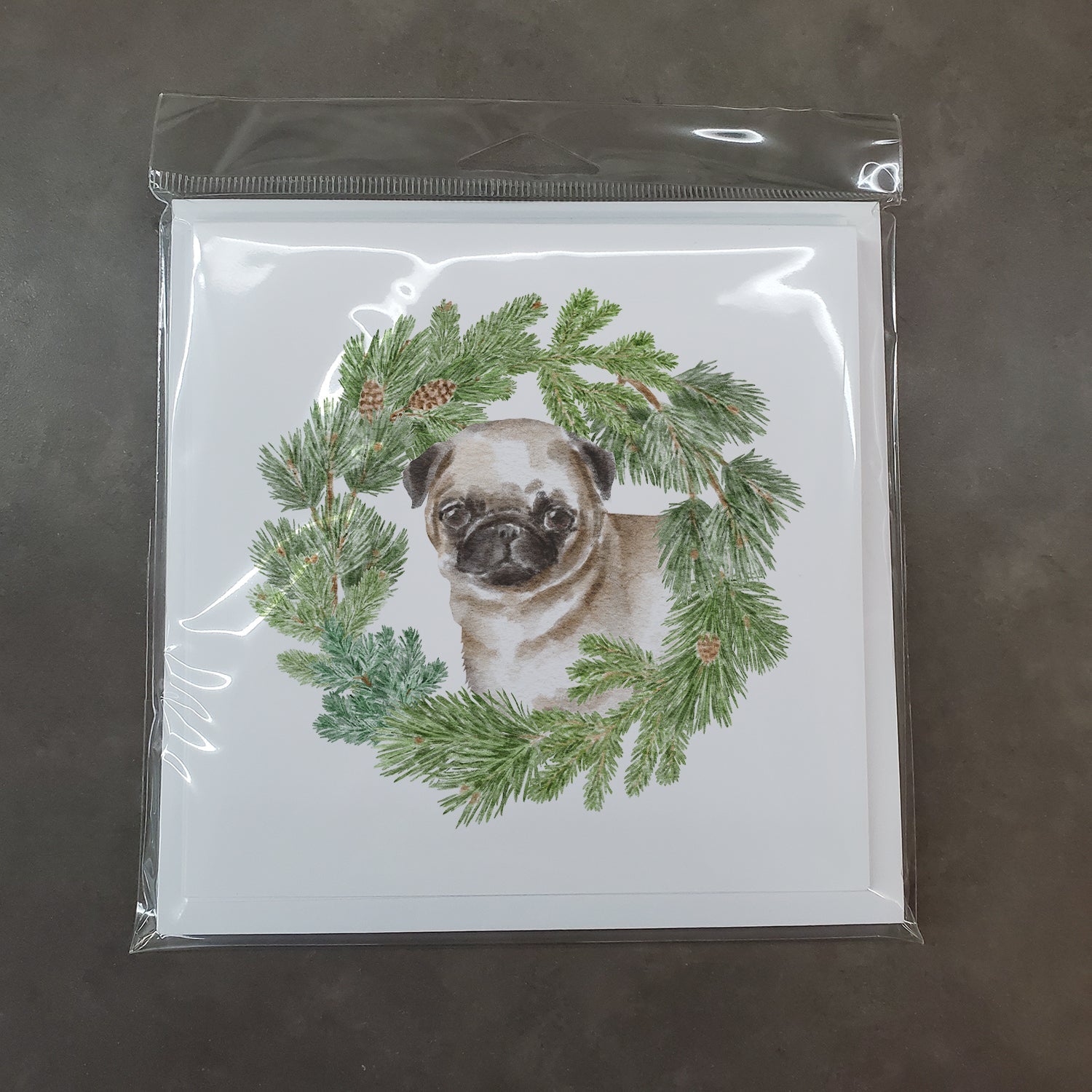 Pug Puppy Fawn Christmas Wreath Square Greeting Cards and Envelopes Pack of 8 Blank Cards with Envelopes Blank Thank You Note Greeting Cards Stationery
