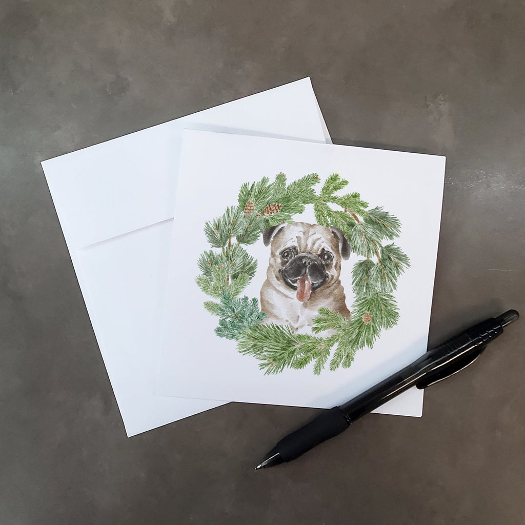 Pug Fawn Christmas Wreath Square Greeting Cards and Envelopes Pack of 8 Blank Cards with Envelopes Blank Thank You Note Greeting Cards Stationery