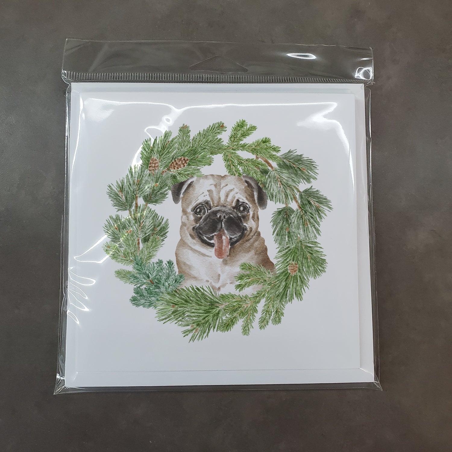 Pug Fawn Christmas Wreath Square Greeting Cards and Envelopes Pack of 8 Blank Cards with Envelopes Blank Thank You Note Greeting Cards Stationery