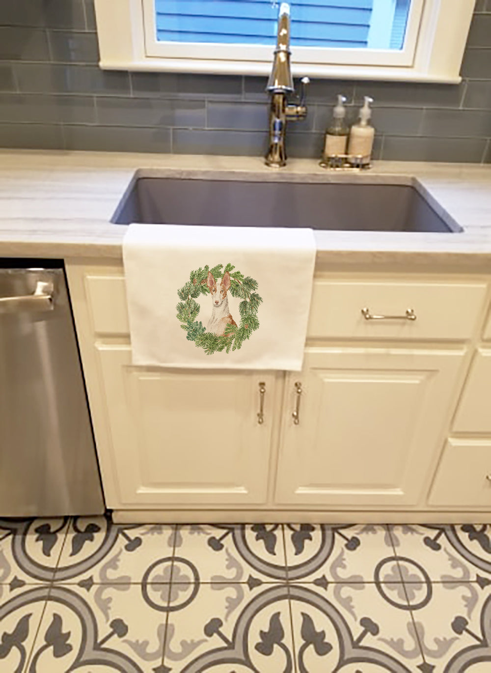 Ibizan Hound Sitting Proud Christmas Wreath Kitchen Towel Set of 2 White Dish Towels Decorative Bathroom Hand towel for Hand, Face, Hair, Yoga, Tea, Dishcloth, 19 X 28", White