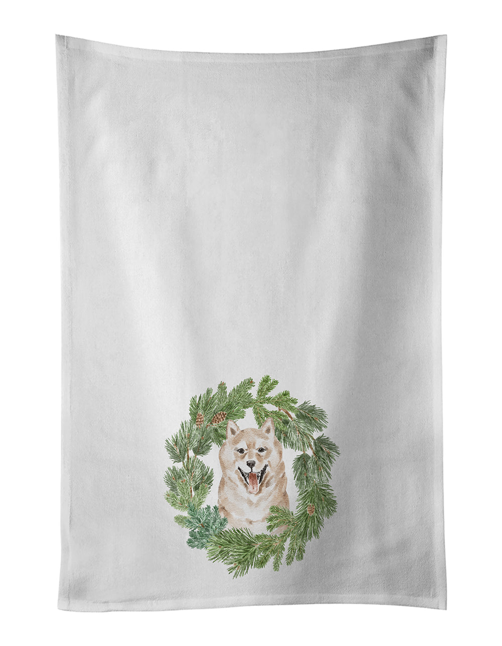 Shiba Inu Cream Christmas Wreath Kitchen Towel Set of 2 White Dish Towels Decorative Bathroom Hand towel for Hand, Face, Hair, Yoga, Tea, Dishcloth, 19 X 28", White