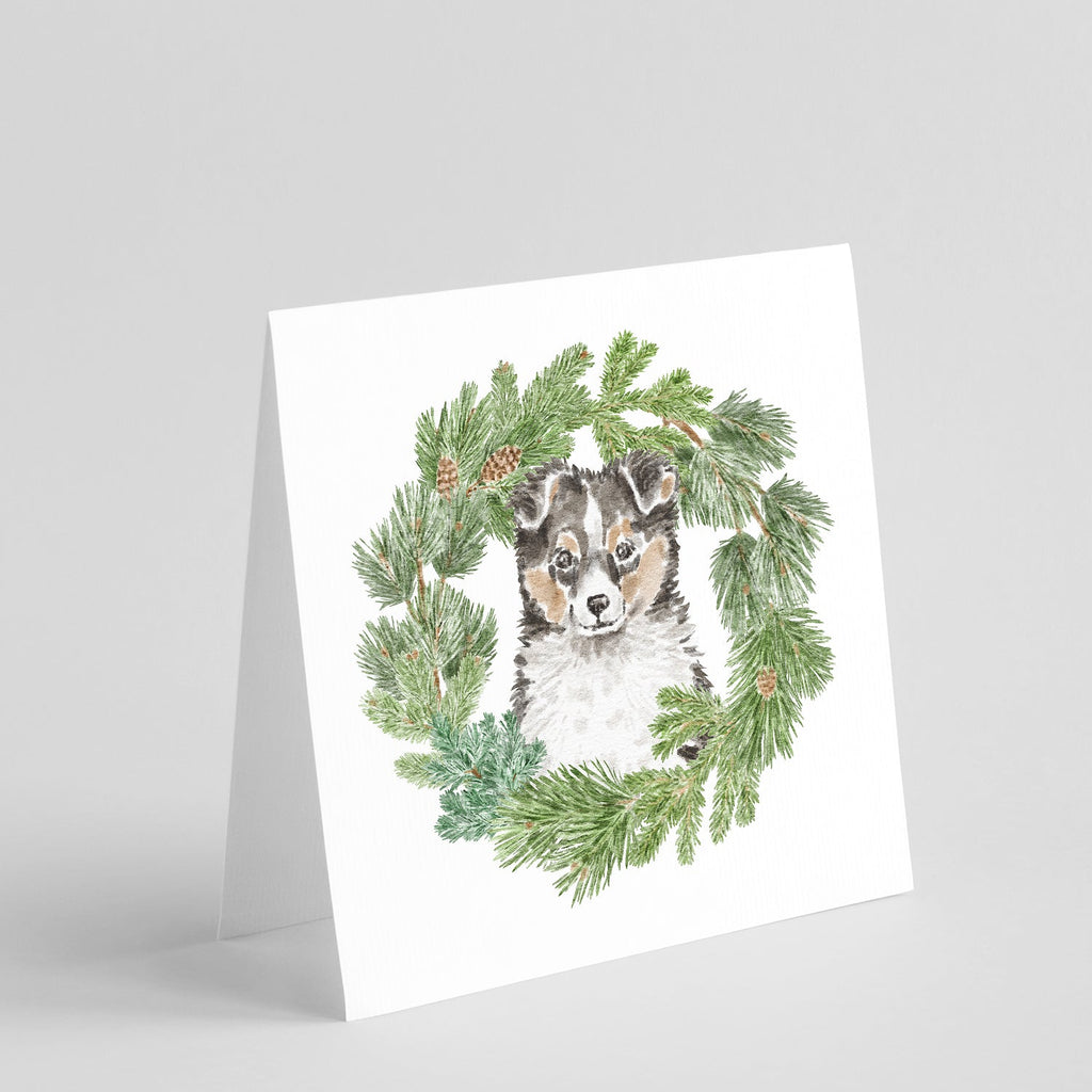 Sheltie/Shetland Sheepdog Puppy Tricolor  Christmas Wreath Square Greeting Cards and Envelopes Pack of 8 Blank Cards with Envelopes Blank Thank You Note Greeting Cards Stationery