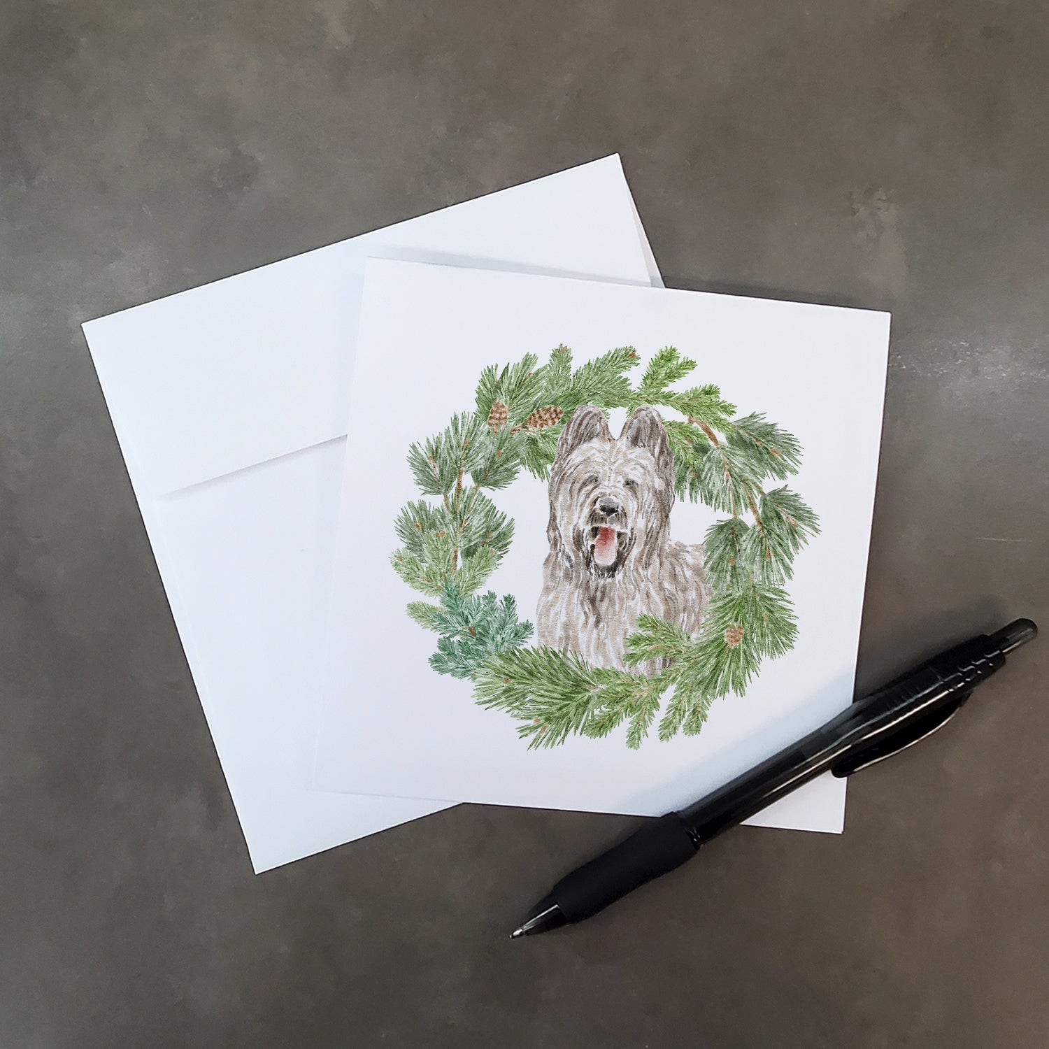 Briard Smiling Ears Up Christmas Wreath Square Greeting Cards and Envelopes Pack of 8 Blank Cards with Envelopes Blank Thank You Note Greeting Cards Stationery