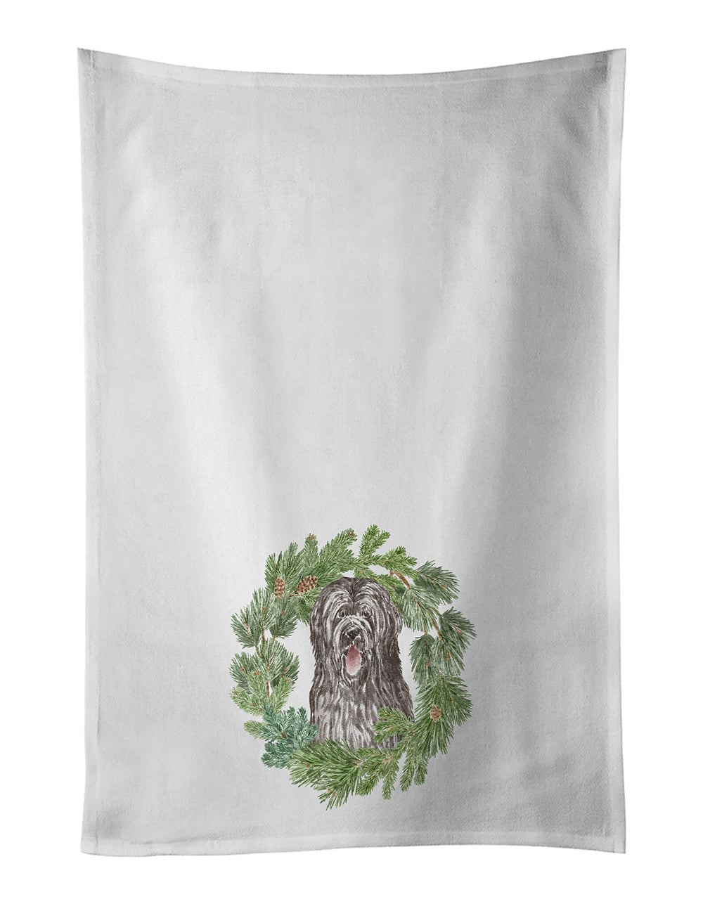 Briard Smiling Eyes Peeking Out Christmas Wreath Kitchen Towel Set of 2 White Dish Towels Decorative Bathroom Hand towel for Hand, Face, Hair, Yoga, Tea, Dishcloth, 19 X 28", White