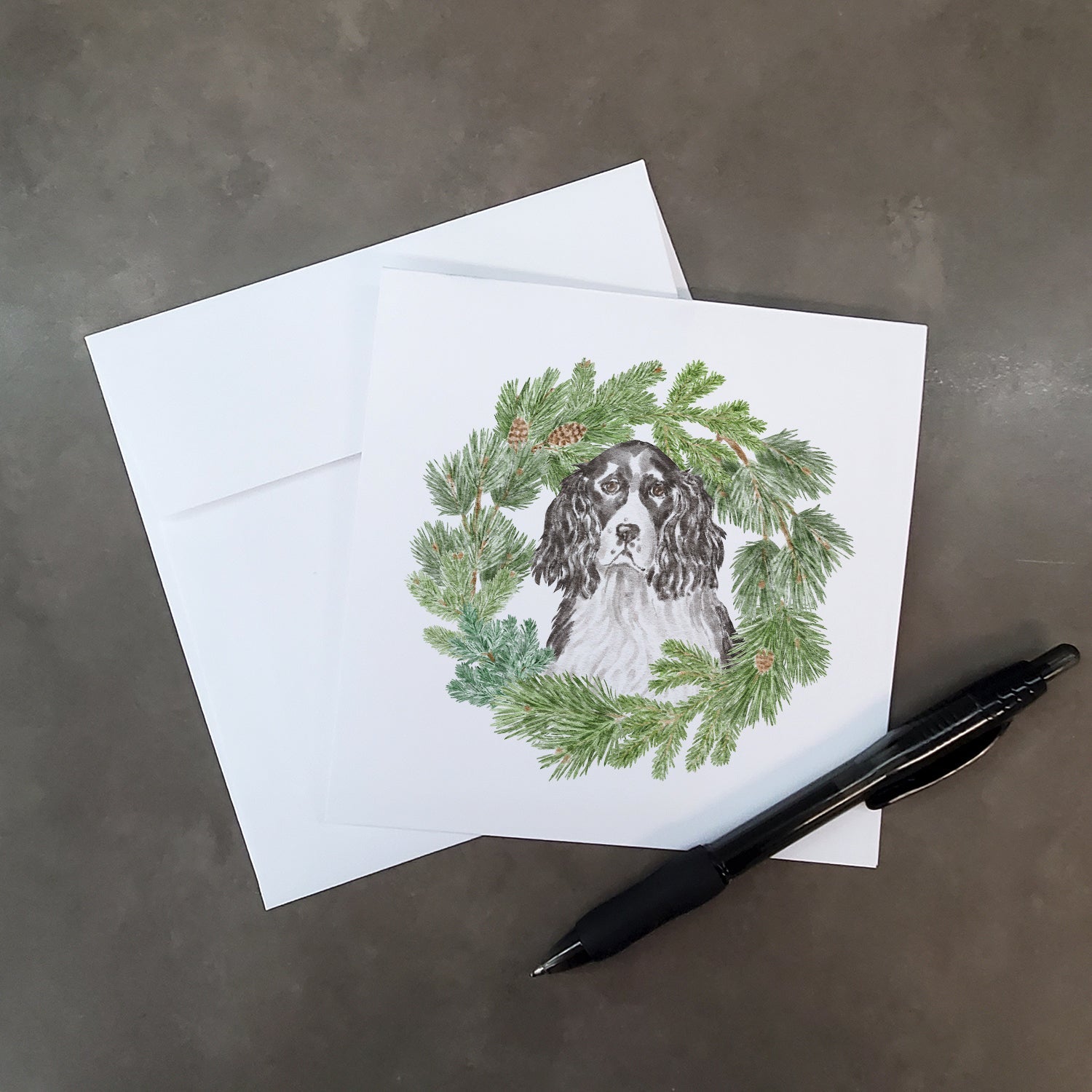 English Springer Spaniel Black and White Christmas Wreath Square Greeting Cards and Envelopes Pack of 8 Blank Cards with Envelopes Blank Thank You Note Greeting Cards Stationery