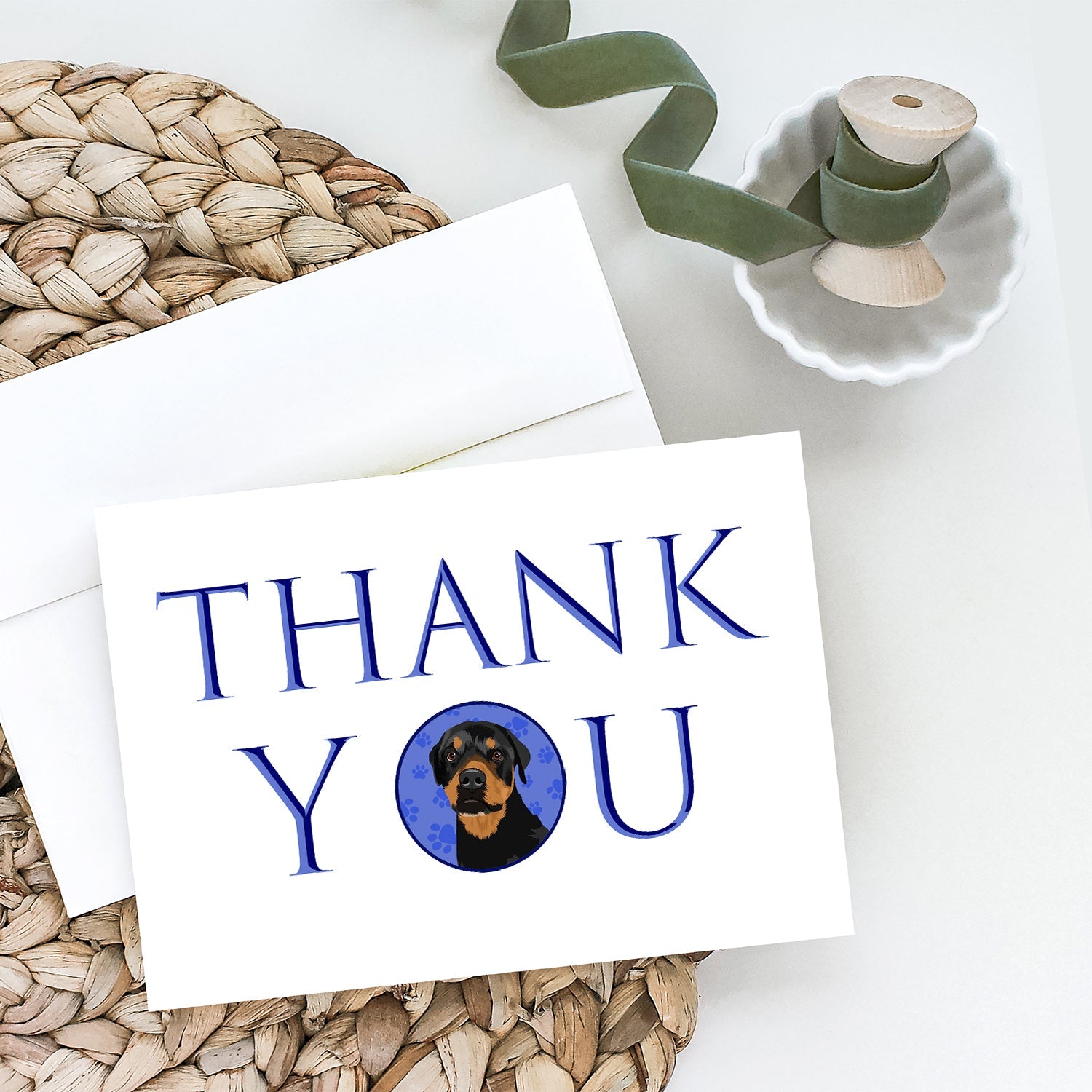 Rottweiler Black and Rust Thank You Greeting Cards Pack of 8 Blank Cards with Envelopes Whimsical A7 Size 5x7