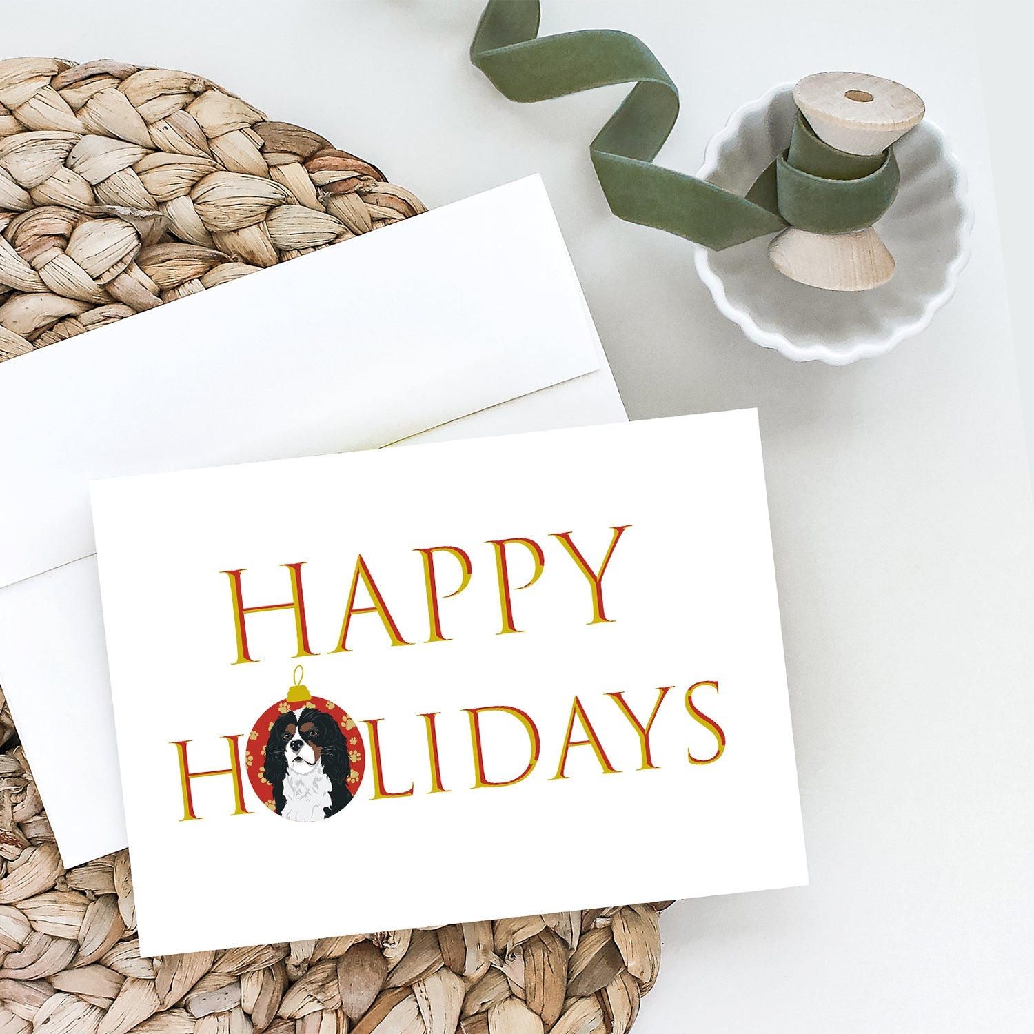 Cavalier King Charles Spaniel Tricolor #1 Happy Holidays Greeting Cards Pack of 8 Blank Cards with Envelopes Whimsical A7 Size 5x7