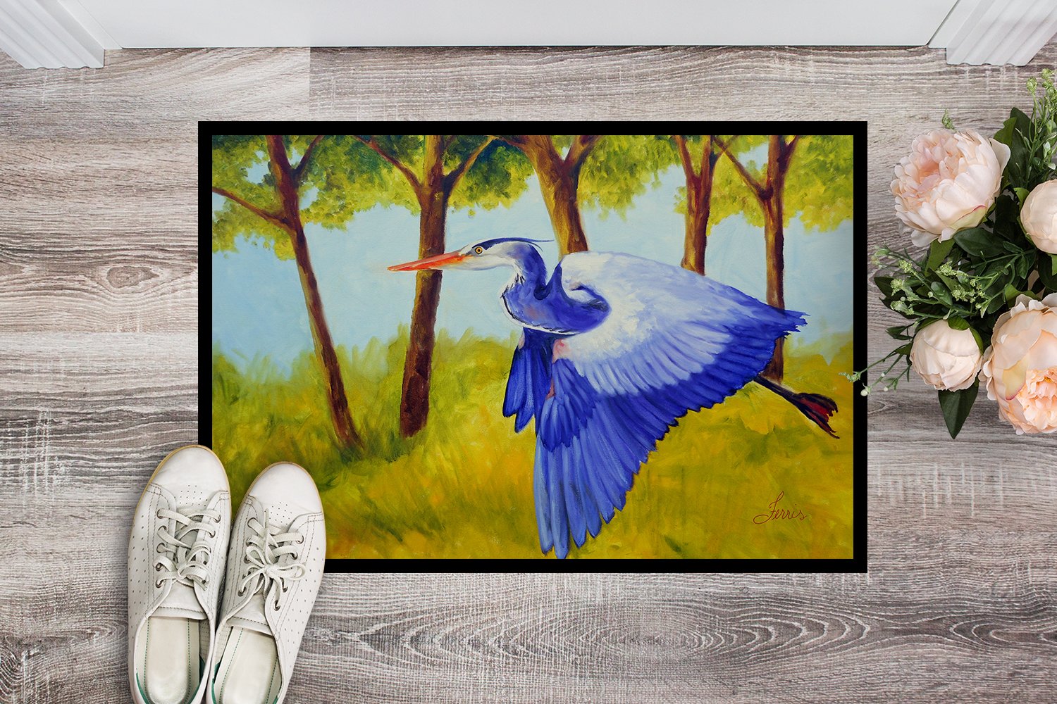 Flying Blue Heron by Ferris Hotard Doormat Indoor Outdoor 24H X 36W Front Door Mat Rugs for Entryway, Non Slip Washable Low Pile,