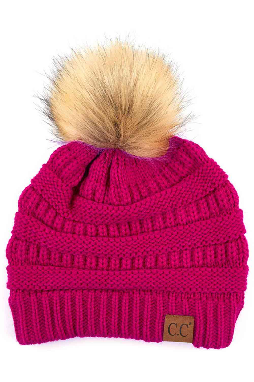 C.C Solid Ribbed Knit Beanie with Pom