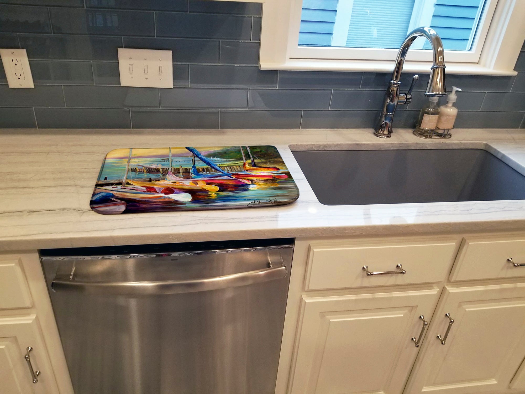 Sailboats at sunset Dish Drying Mat Absorbent Dish Drying Mat Pad for Kitchen Counter Dish Drainer Mat for Countertop, 14 x 21", Multicolor