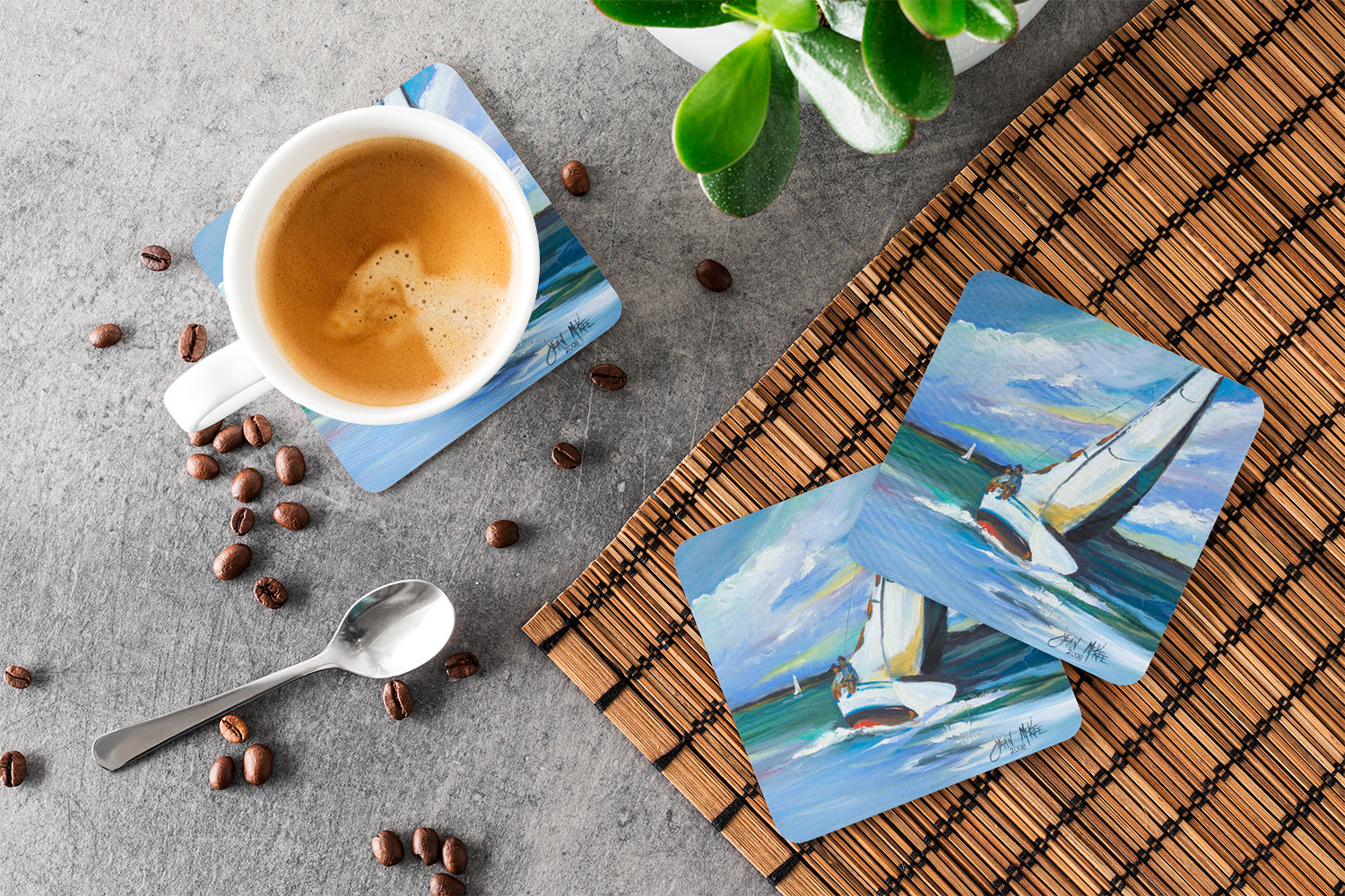 Two and a Sailboat Foam Coasters Set of 4 Cup Coasters for Indoor Outdoor, Tabletop Protection, Anti Slip, Mouse pad Material