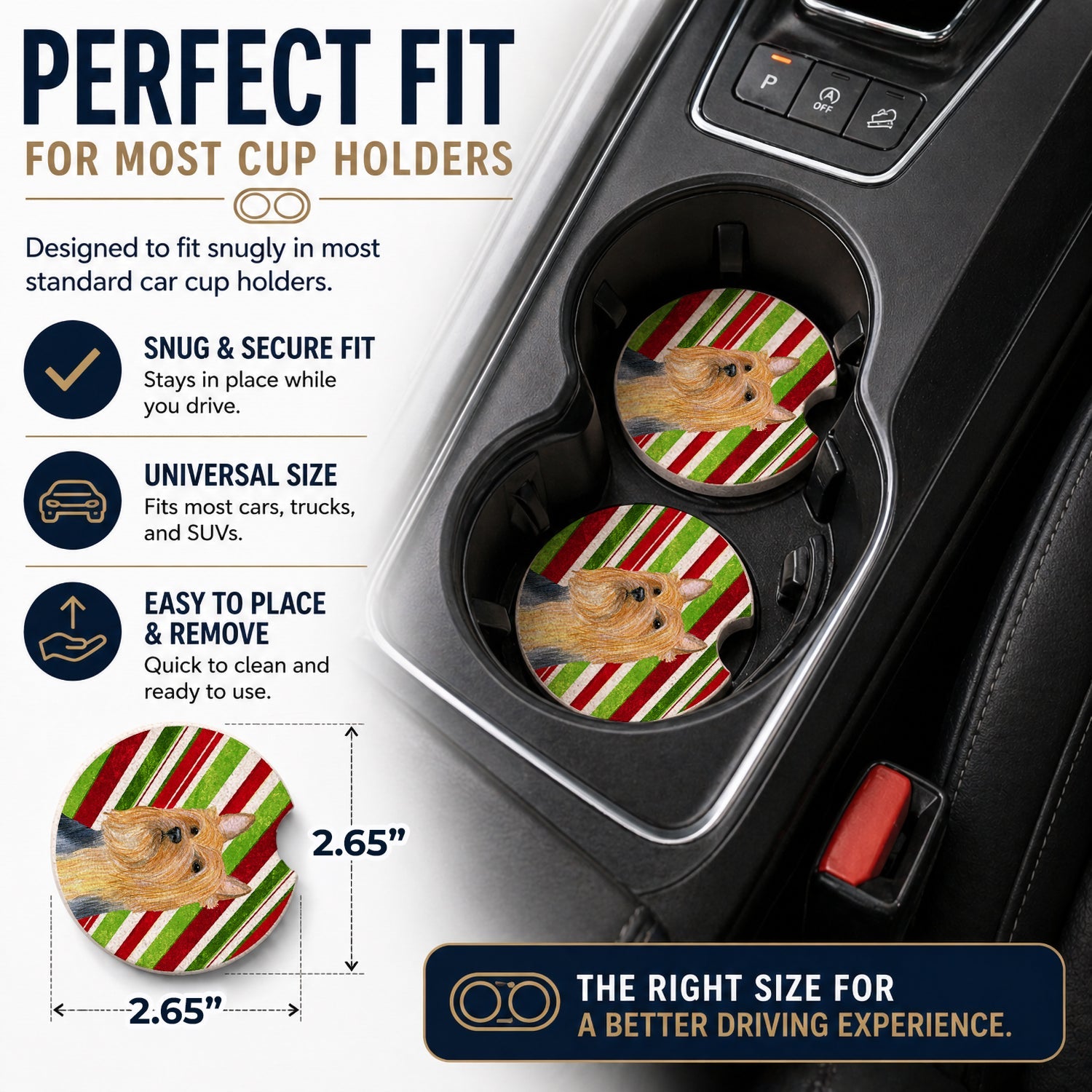 Silky Terrier Candy Cane Holiday Christmas Set of 2 Cup Holder Car Coasters Absorbent Round Sandstone Coasters Gifts for Men or Women, 2.5, Multicolor