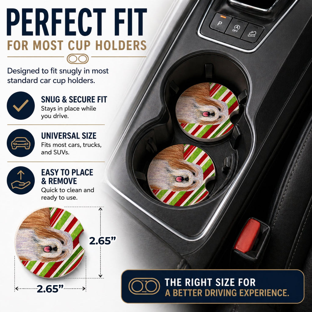 Bearded Collie Candy Cane Holiday Christmas Set of 2 Cup Holder Car Coasters Absorbent Round Sandstone Coasters Gifts for Men or Women, 2.5, Multicolor
