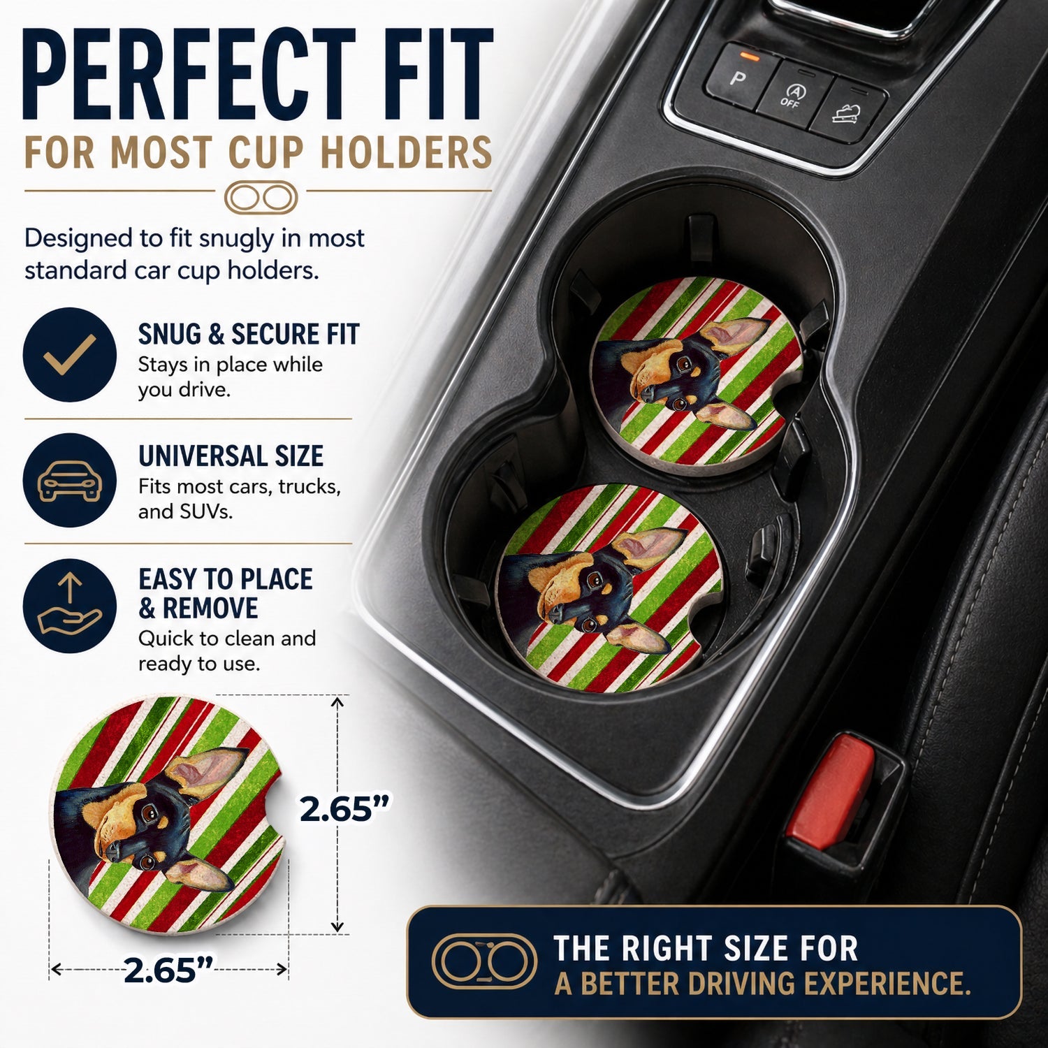 Min Pin Candy Cane Holiday Christmas Set of 2 Cup Holder Car Coasters Absorbent Round Sandstone Coasters Gifts for Men or Women, 2.5, Multicolor