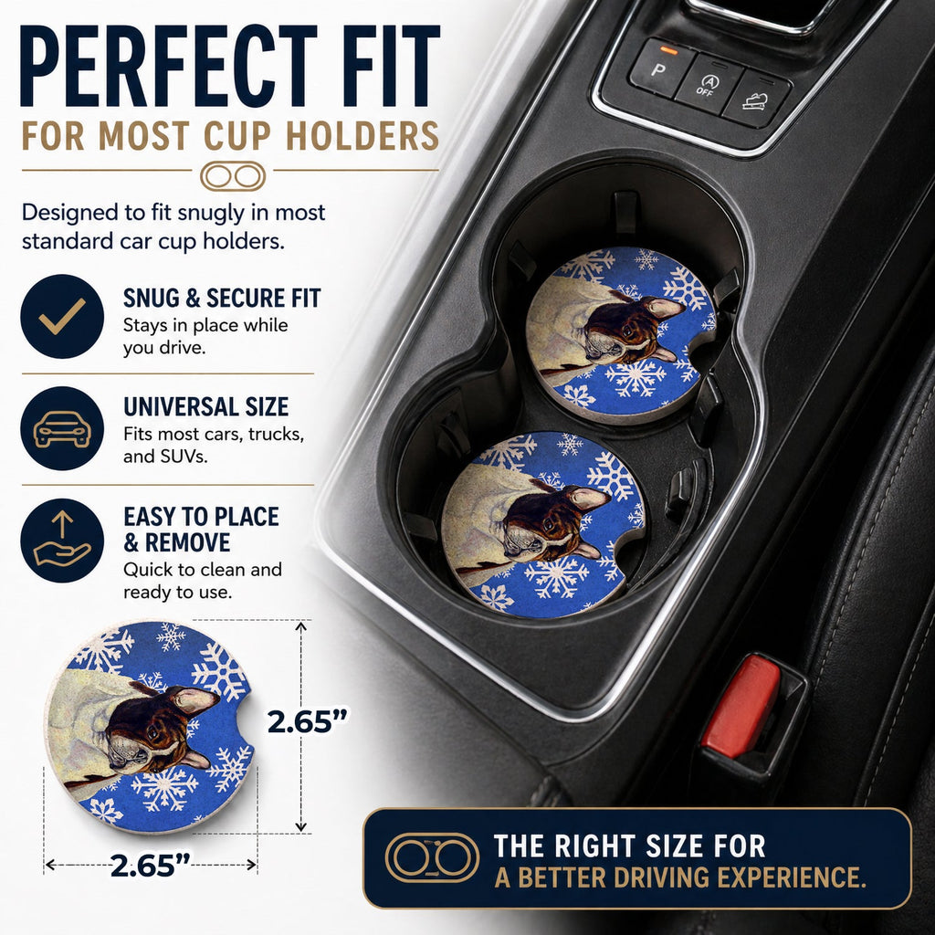 French Bulldog Winter Snowflakes Holiday Set of 2 Cup Holder Car Coasters Absorbent Round Sandstone Coasters Gifts for Men or Women, 2.5, Multicolor