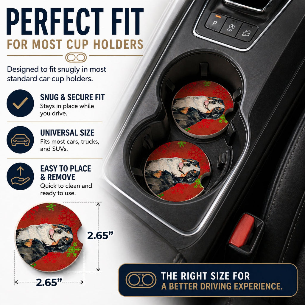 Bernese Mountain Dog Red  Green Snowflakes Holiday Christmas Set of 2 Cup Holder Car Coasters Absorbent Round Sandstone Coasters Gifts for Men or Women, 2.5, Multicolor