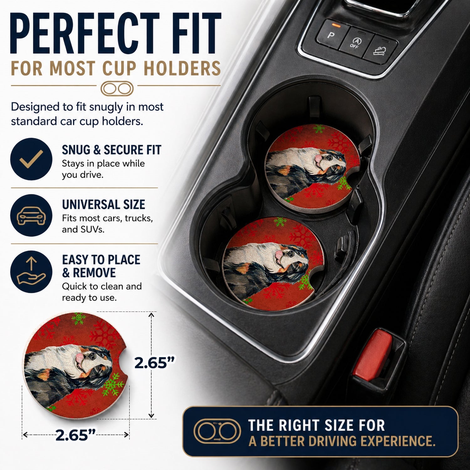 Bernese Mountain Dog Red  Green Snowflakes Holiday Christmas Set of 2 Cup Holder Car Coasters Absorbent Round Sandstone Coasters Gifts for Men or Women, 2.5, Multicolor