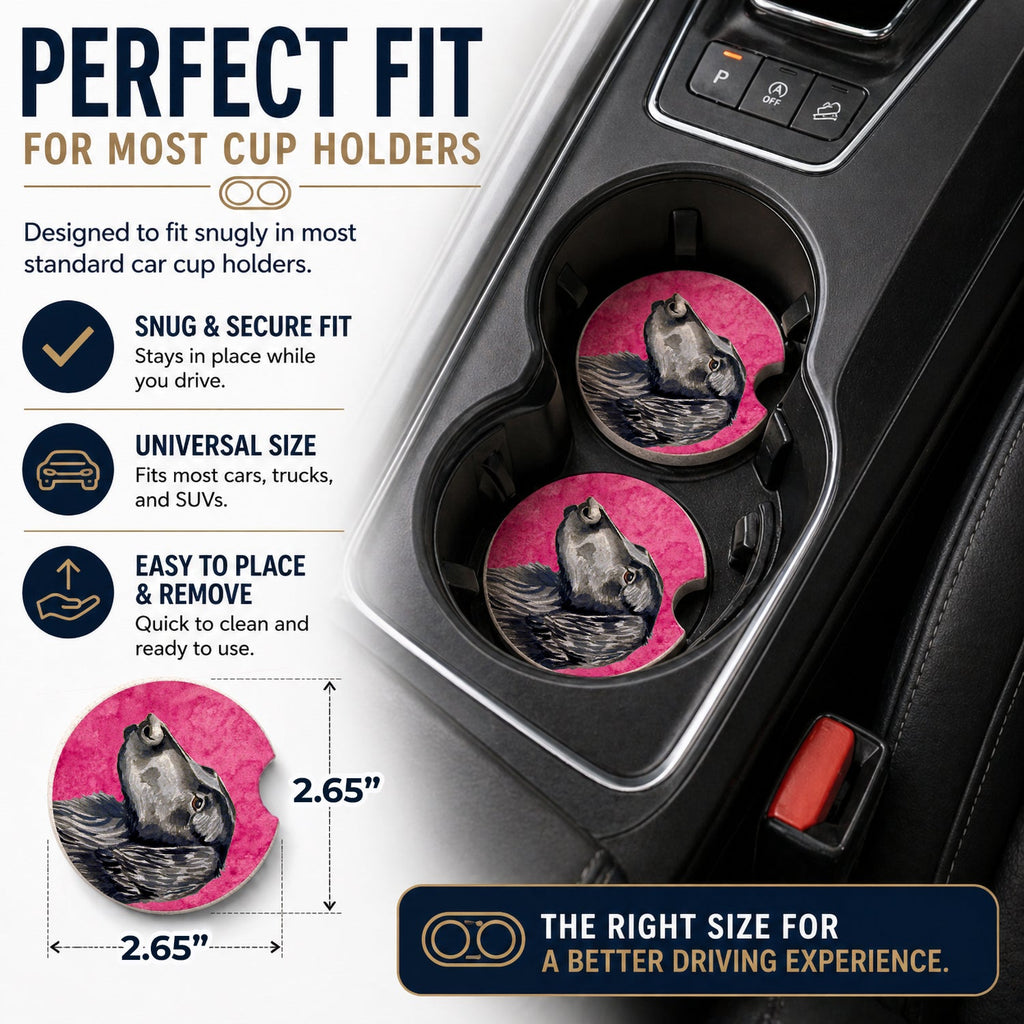 Pink Flat Coated Retriever Set of 2 Cup Holder Car Coasters Absorbent Round Sandstone Coasters Gifts for Men or Women, 2.5, Multicolor