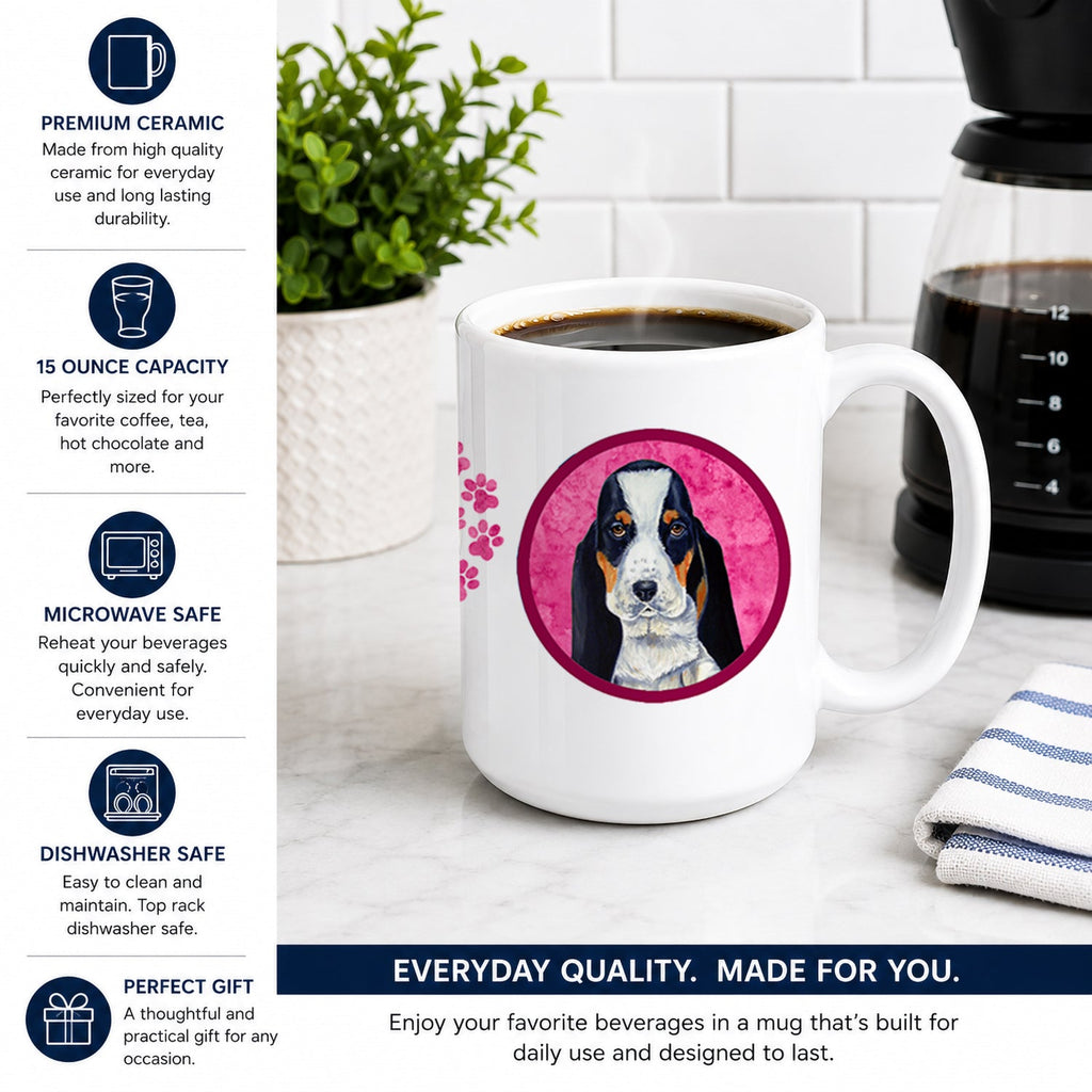Pink Basset Hound Ceramic Coffee Mug 15 oz Decorative Large C Handle Mug Cup for Tea, Cocoa Hot Chocolate