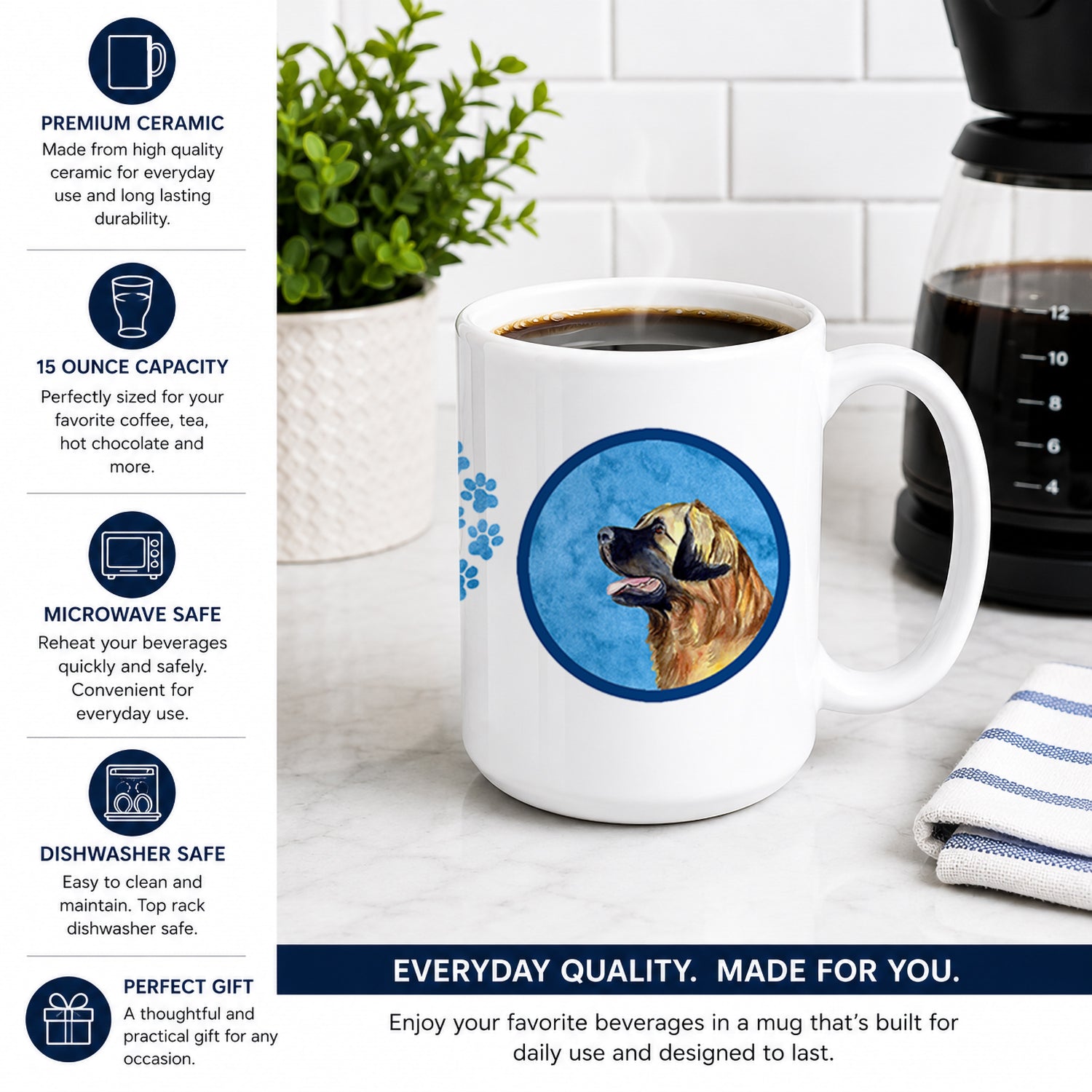 Blue Leonberger Ceramic Coffee Mug 15 oz Decorative Large C Handle Mug Cup for Tea, Cocoa Hot Chocolate