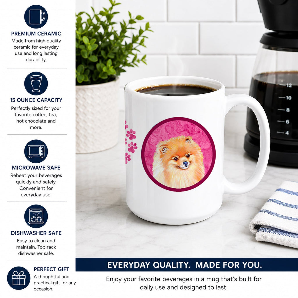 Pink Pomeranian Ceramic Coffee Mug 15 oz Decorative Large C Handle Mug Cup for Tea, Cocoa Hot Chocolate