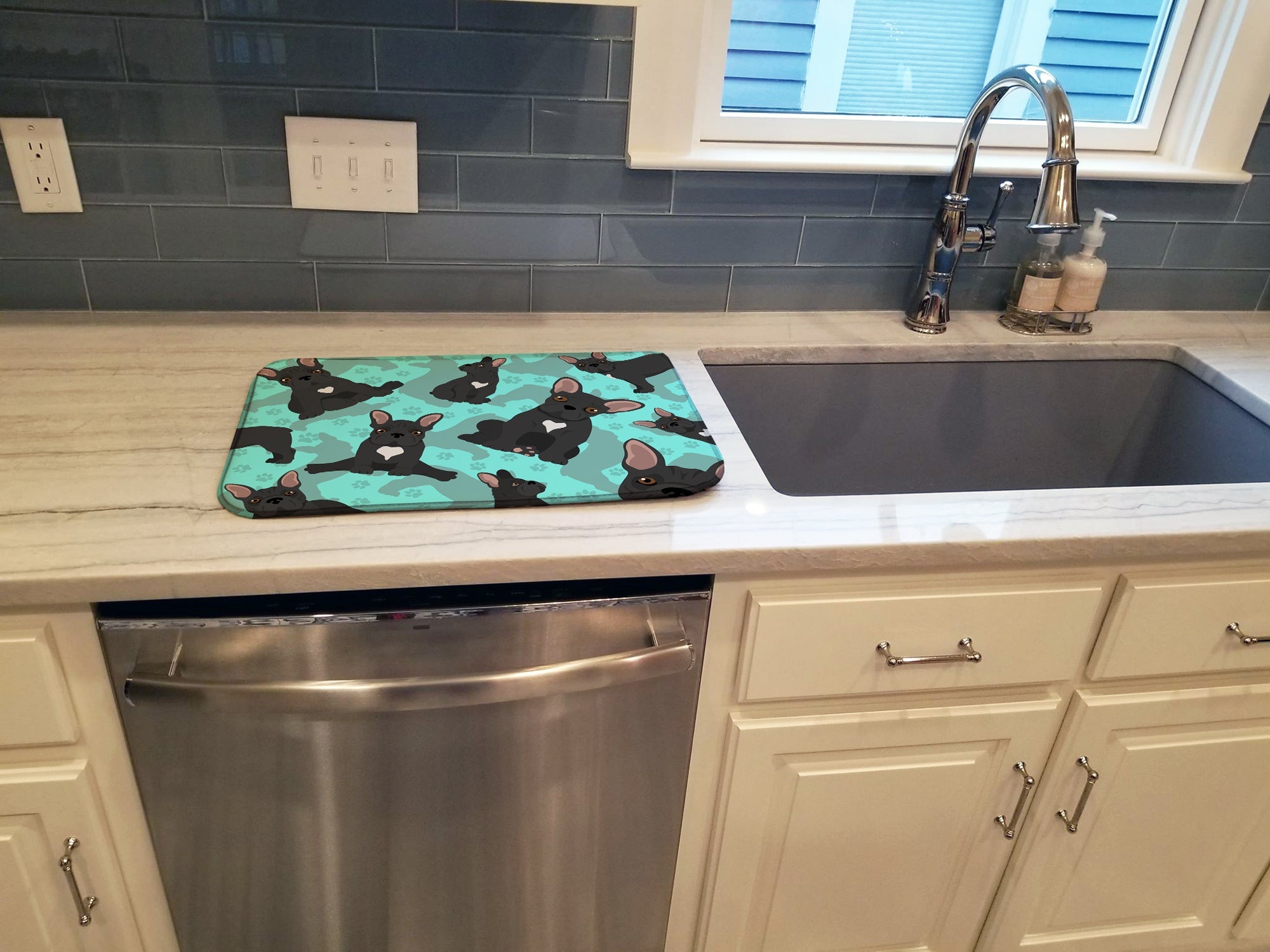 Black French Bulldog Dish Drying Mat Absorbent Dish Drying Mat Pad for Kitchen Counter Dish Drainer Mat for Countertop, 14 x 21", Multicolor