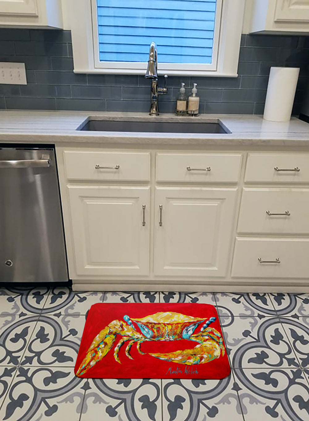 Crab Blue on Red, Sr Memory Foam Kitchen Mat Machine Washable Anti-Fatigue Cushion Comfort Bath or Kitchen Rug