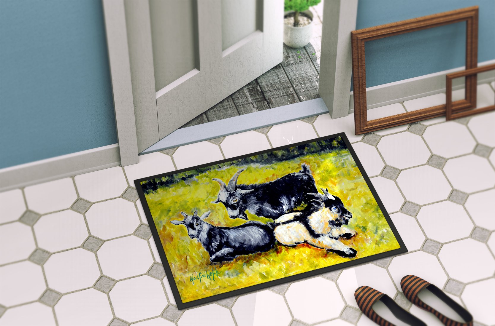 Three Goats Doormat Indoor Outdoor 24H X 36W Front Door Mat Rugs for Entryway, Non Slip Washable Low Pile,