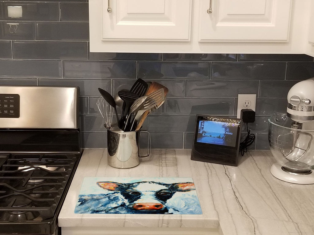 Cow Lick Black and White Cow Cutting Board Tempered Glass Kitchen Cutting Surface, Heat Resistant Chopping, Non-Slip Feet, Food Prep & Serving