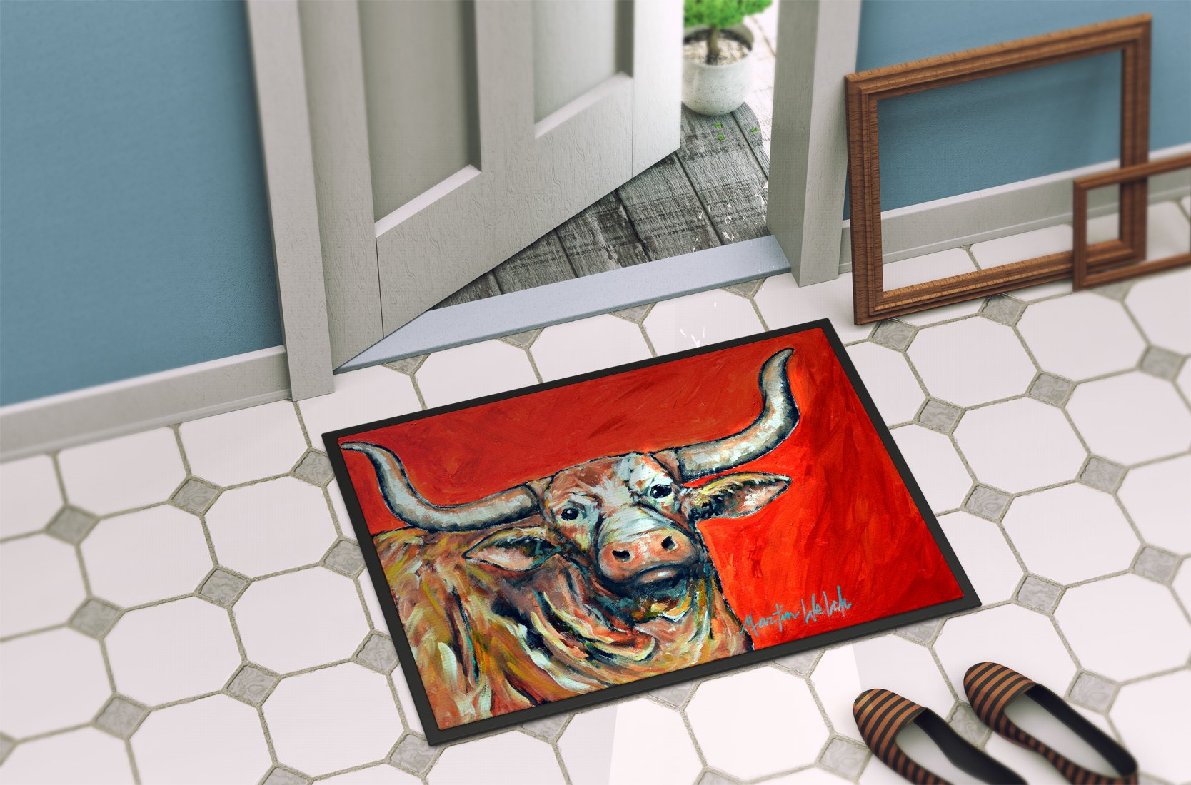 See Red Longhorn Cow Doormat Indoor Outdoor 24H X 36W Front Door Mat Rugs for Entryway, Non Slip Washable Low Pile,