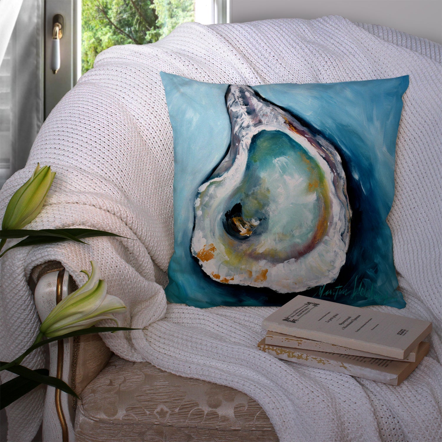 Oyster J Mac Decorative Throw Pillow 14x14 Indoor Outdoor Accent Cushion, Fabric Cover with Insert for Sofa, Bed, Porch & Living Room