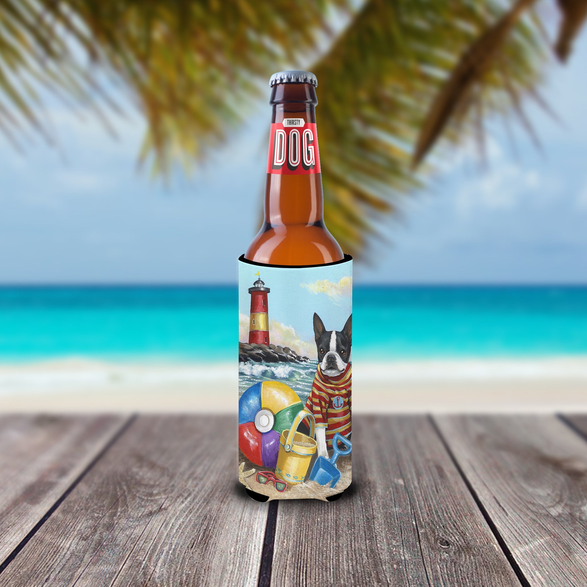 Boston Terrier Beach Baby Slim Can Hugger , Insulated Foam Hugger for 12 oz Slim Cans, Beer Bottles & Water Bottles, Printed in USA