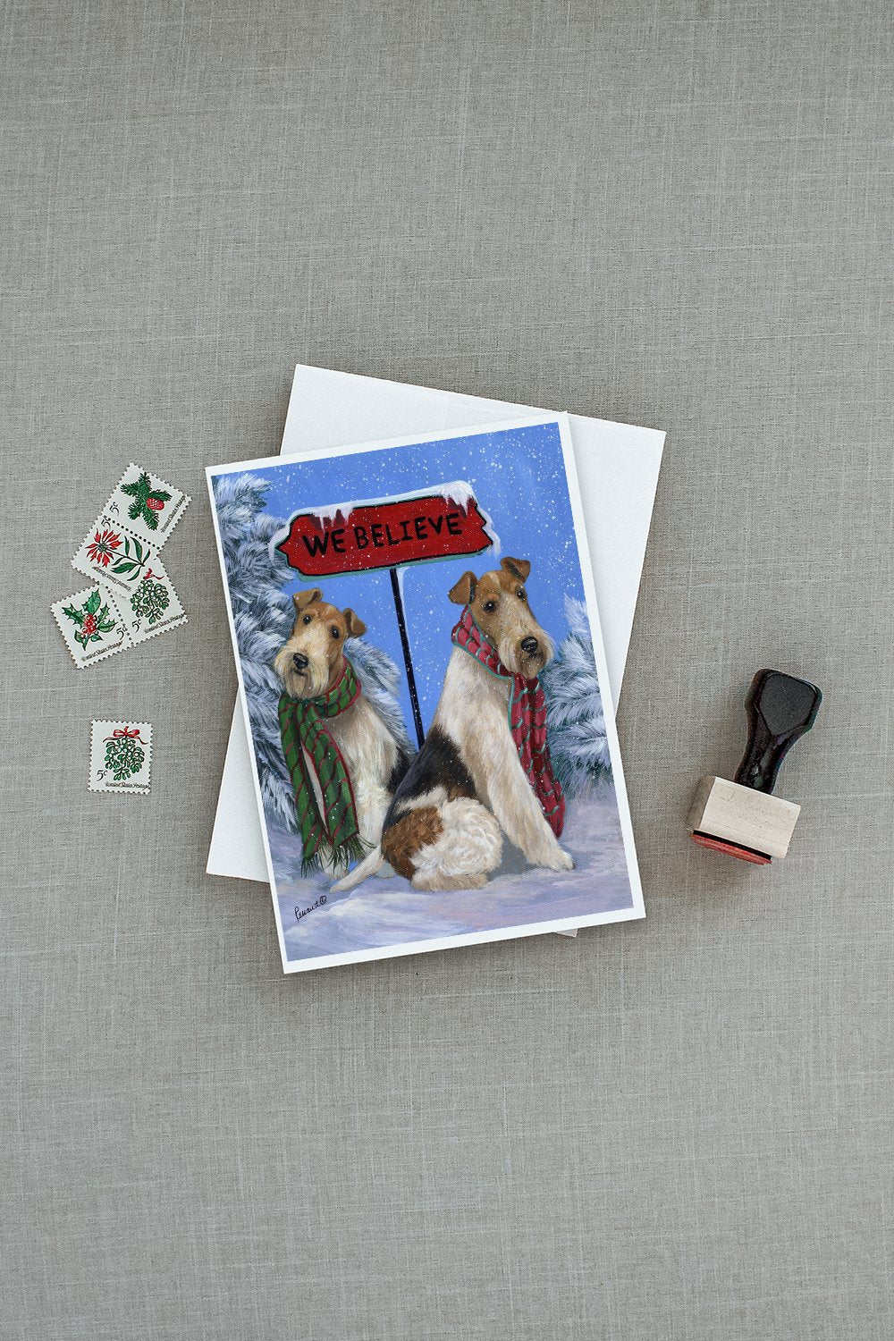 Fox Terrier Christmas We Believe Greeting Cards Pack of 8 Blank Cards with Envelopes Whimsical A7 Size 5x7