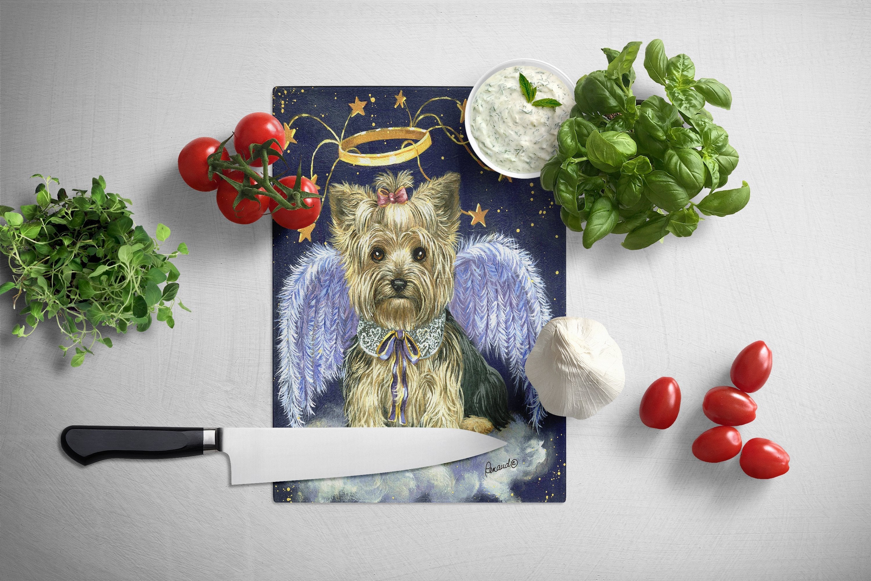 Yorkie Christmas Family Tree Cutting Board Tempered Glass Kitchen Cutting Surface, Heat Resistant Chopping, Non-Slip Feet, Food Prep & Serving