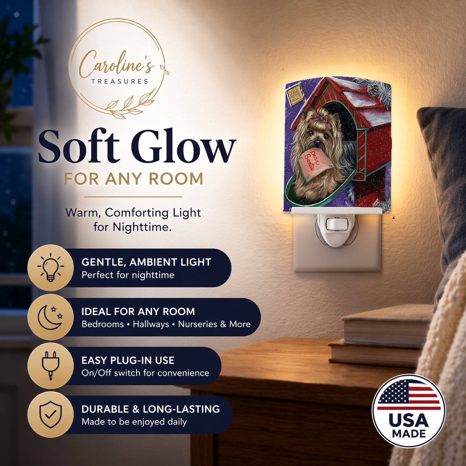 Yorkie Christmas Letter to Santa Ceramic Night Light Compact, UL-Certified, Ideal for Bedroom, Bathroom, Nursery, Hallway, Kitchen, 6x4x3, Multicolor