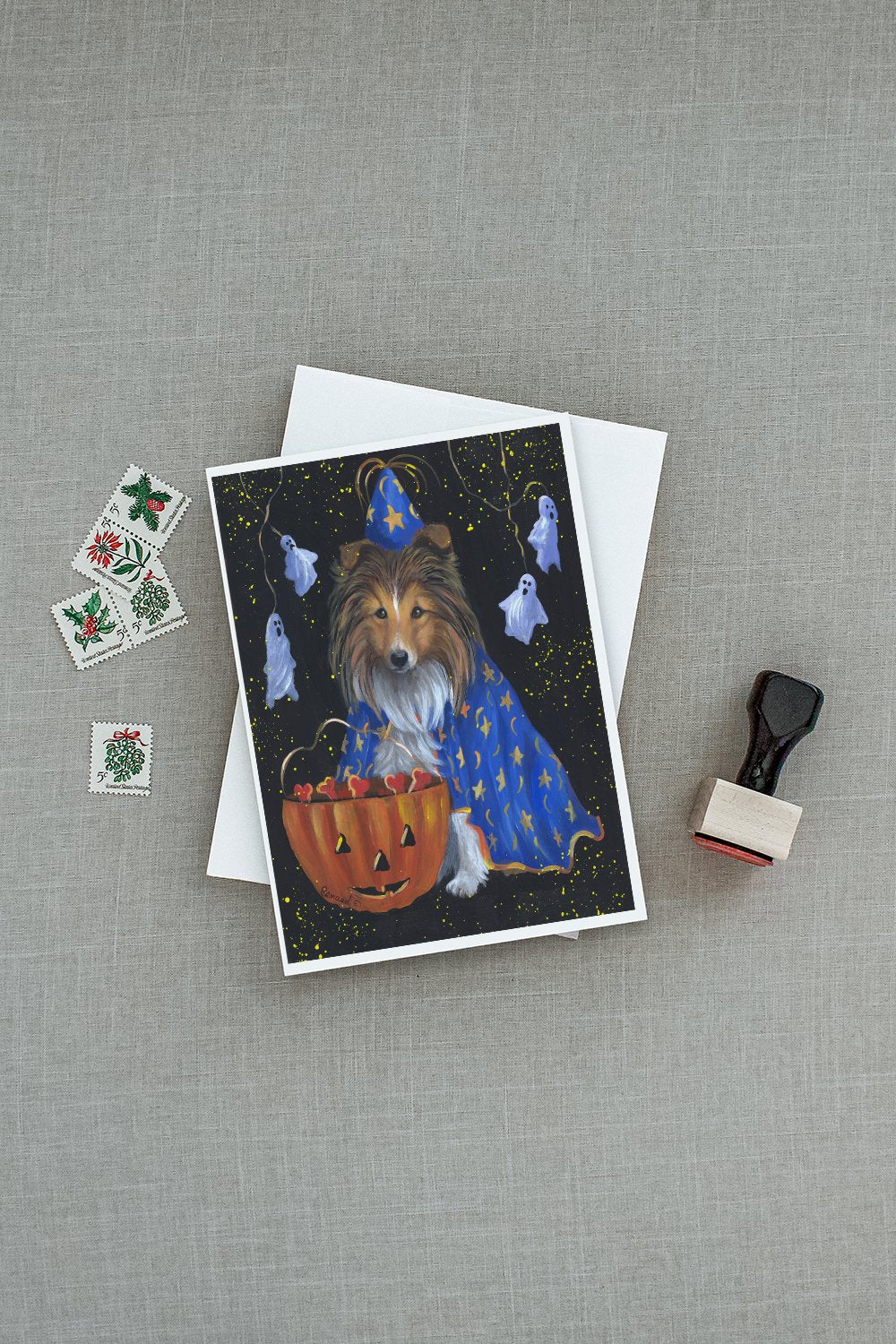 Sheltie Halloween Witch Greeting Cards Pack of 8 Blank Cards with Envelopes Whimsical A7 Size 5x7