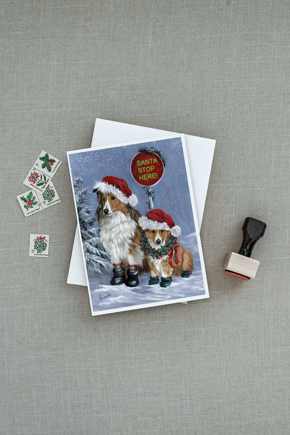 Sheltie Christmas Santa Stop Greeting Cards Pack of 8 Blank Cards with Envelopes Whimsical A7 Size 5x7