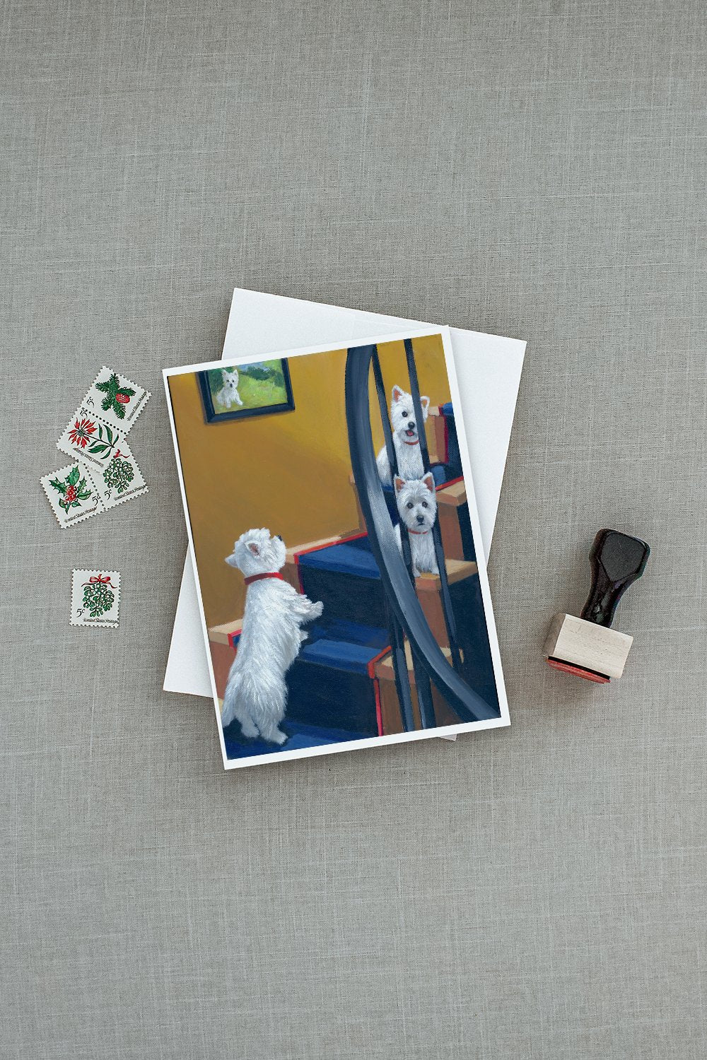Westie Going Up Greeting Cards Pack of 8 Blank Cards with Envelopes Whimsical A7 Size 5x7