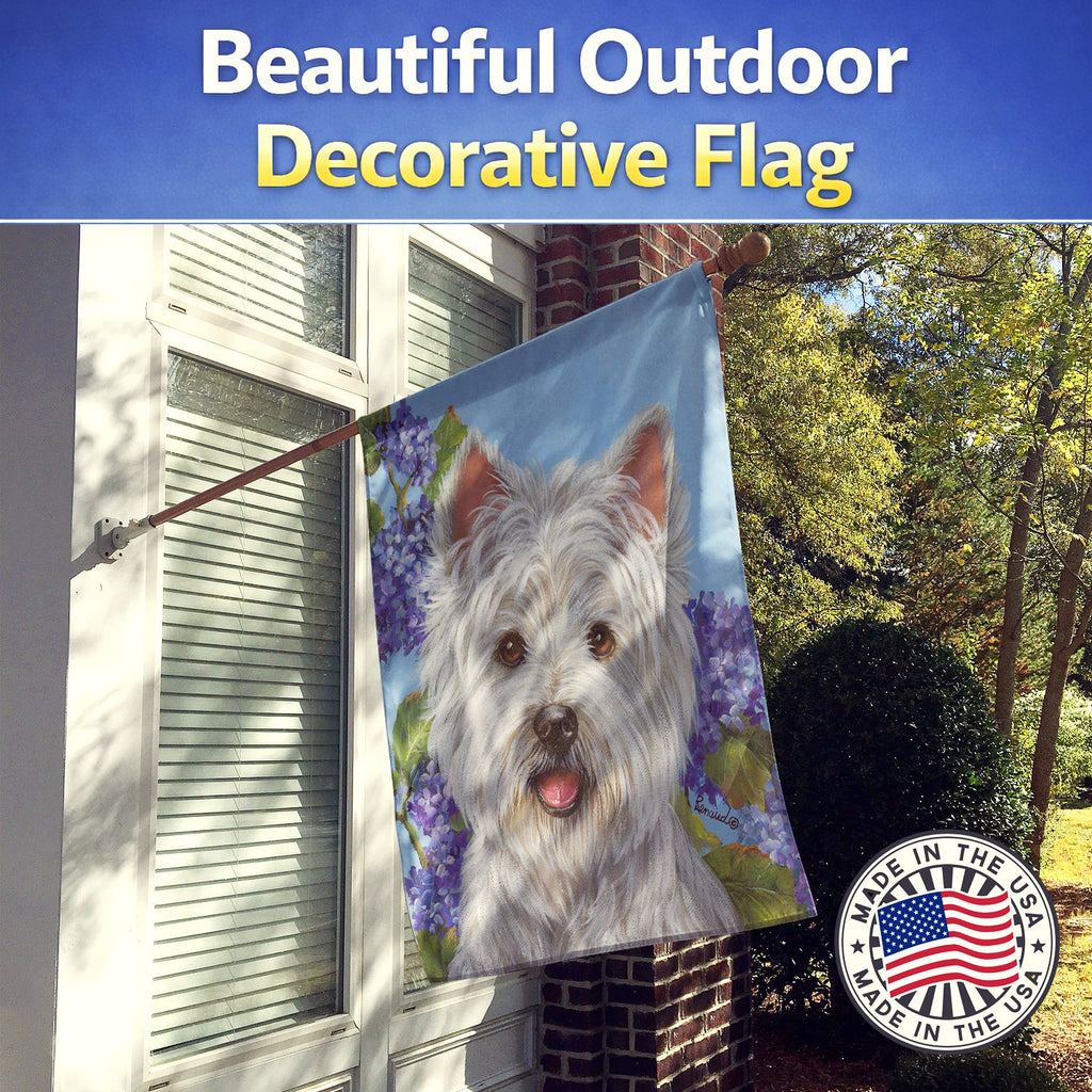 Westie Hydrangea House Flag 28x40 Porch Sleeve Pole Decorative Outside Yard Banner Artwork Wall Hanging, Polyester