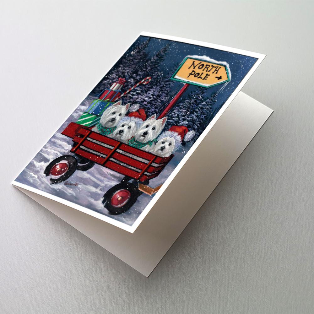 Westie Christmas Red Wagon Greeting Cards Pack of 8 Blank Cards with Envelopes Whimsical A7 Size 5x7